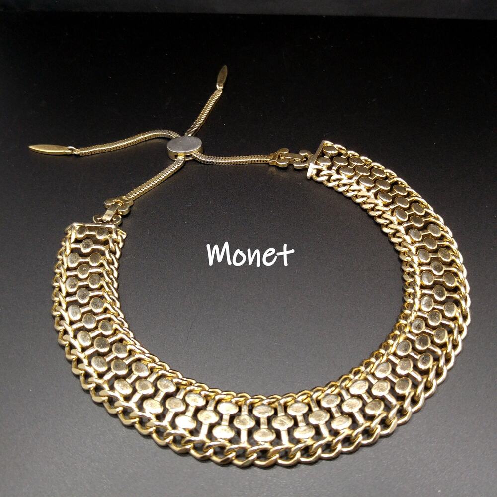 Vintage Monet Bib Collar Necklace Gold Tassel Slider 1950s